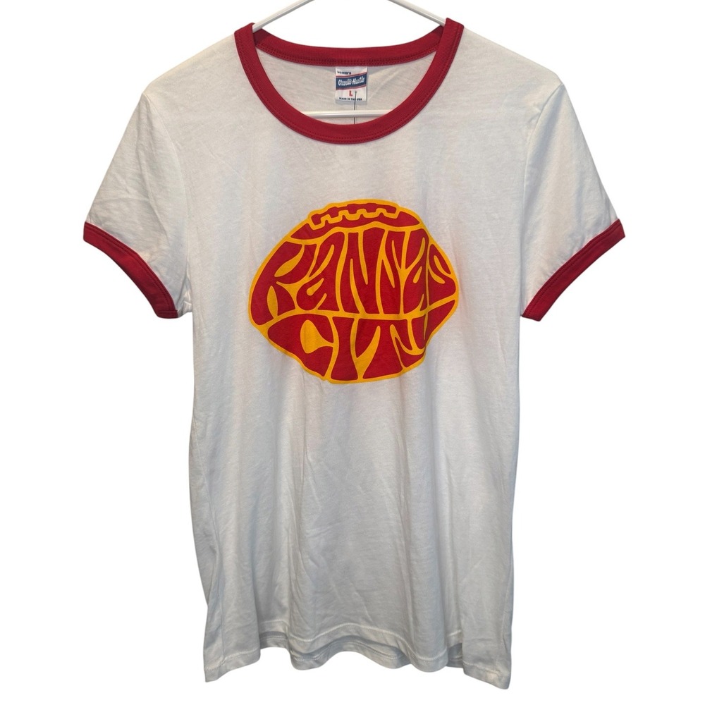 Charlie Hustle Kansas City Football Ringer Tee White Red Retro Womens Large NEW